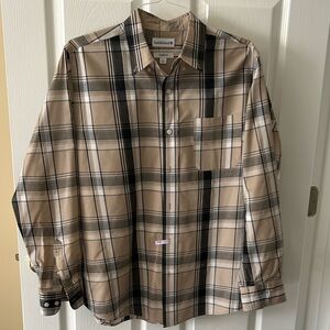 Saddlebred Beige Black and Tan Plaid Shirt Men sz L